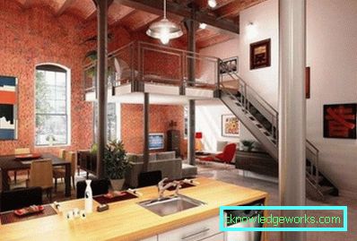 Loft-stílusú nappali - a lakás belső terének fotója
