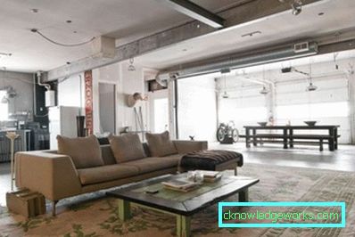 Loft-stílusú nappali - a lakás belső terének fotója