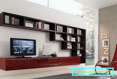 A nappaliban a TV-ben lévő falak modern stílusban (50 belső fotó)